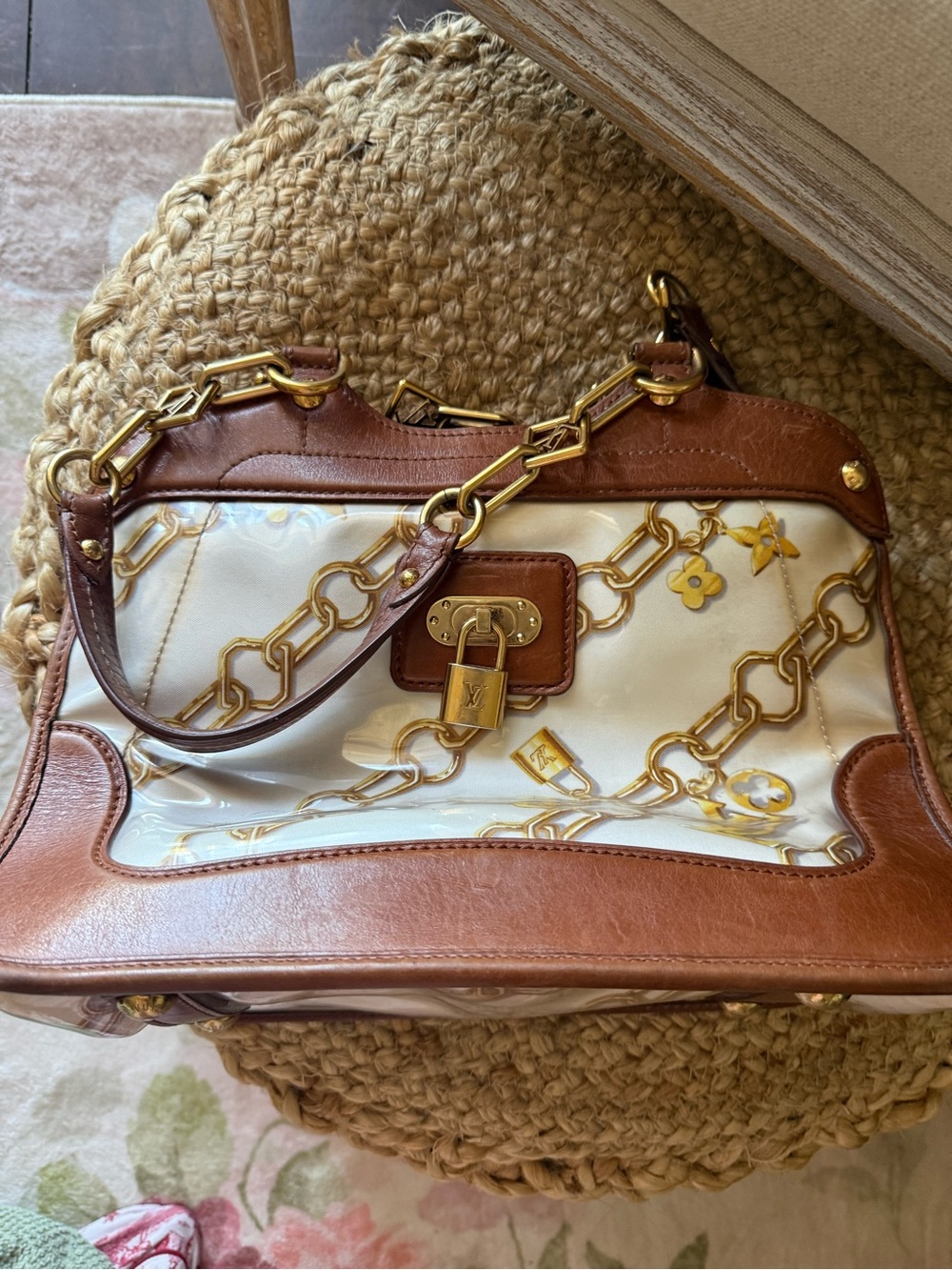 Louis Vuitton Brown & White Chain-Print Satchel with Gold Hardware - Picture 2 of 6
